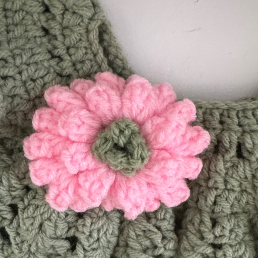 Green Crochet Baby Dress with Pink Flower - Picture 2 of 6